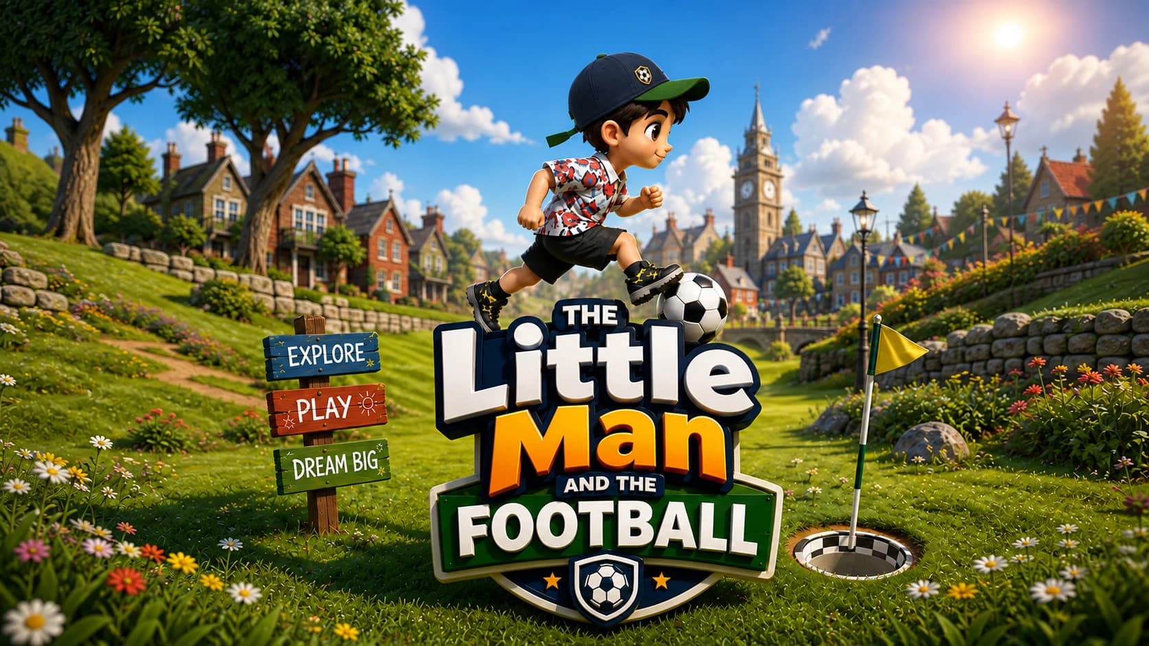 The Little Man runs with his football through a sunny storybook village